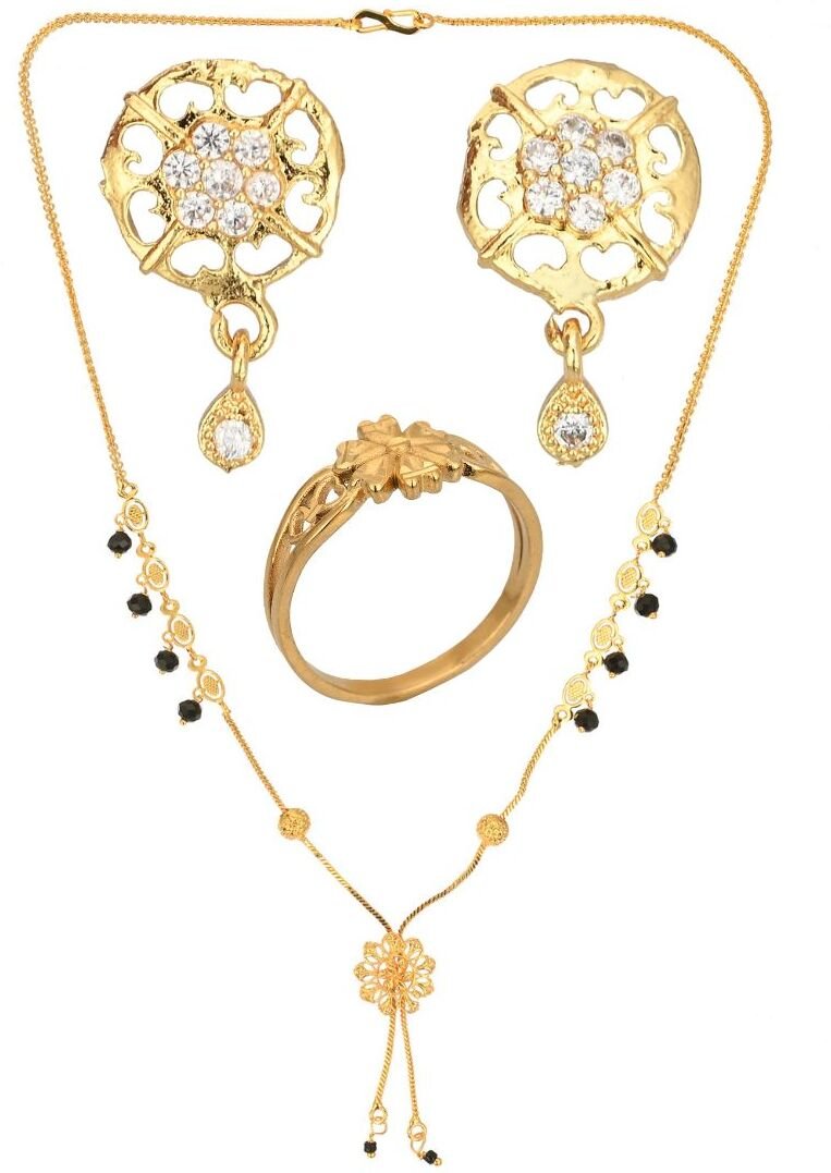 AanyaCentric Gold-plated Jewelry Combo: Elegant Short Mangalsutra, Finger Ring, and American Diamond Earrings Set - Distacart