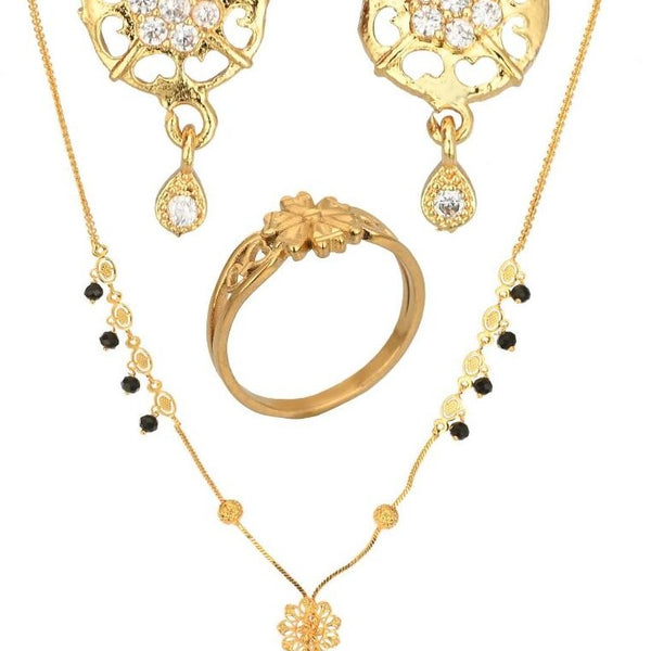 AanyaCentric Gold-plated Jewelry Combo: Elegant Short Mangalsutra, Finger Ring, and American Diamond Earrings Set - Distacart