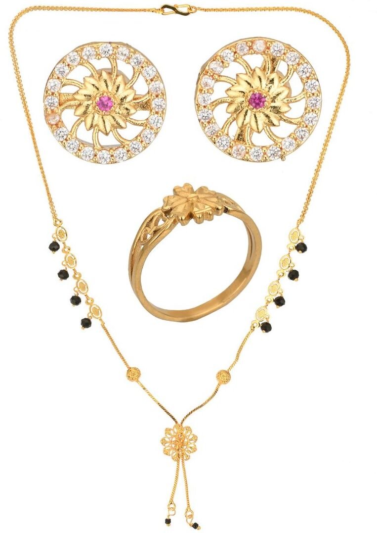 AanyaCentric Gold-plated Jewelry Combo: Elegant Short Mangalsutra, Finger Ring, and American Diamond Earrings Set - Distacart