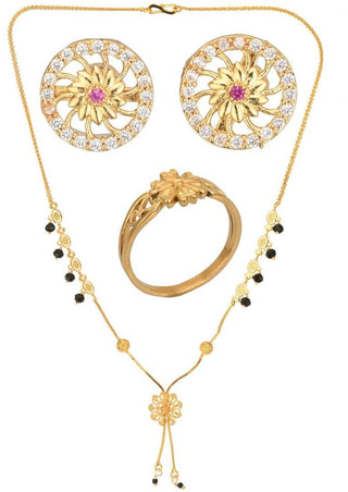 AanyaCentric Gold-plated Jewelry Combo: Elegant Short Mangalsutra, Finger Ring, and American Diamond Earrings Set - Distacart