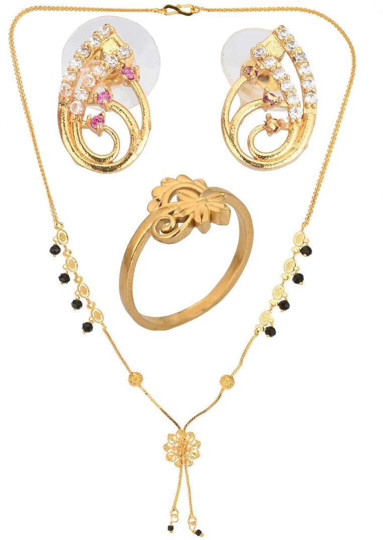 AanyaCentric Gold-plated Jewelry Combo: Elegant Short Mangalsutra, Finger Ring, and American Diamond Earrings Set - Distacart