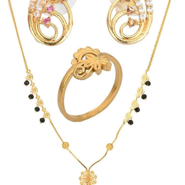 AanyaCentric Gold-plated Jewelry Combo: Elegant Short Mangalsutra, Finger Ring, and American Diamond Earrings Set - Distacart