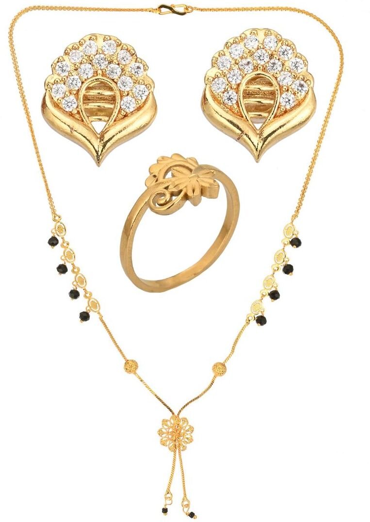 AanyaCentric Gold-plated Jewelry Combo: Elegant Short Mangalsutra, Finger Ring, and American Diamond Earrings Set - Distacart