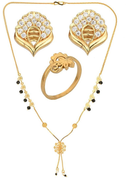 AanyaCentric Gold-plated Jewelry Combo: Elegant Short Mangalsutra, Finger Ring, and American Diamond Earrings Set - Distacart