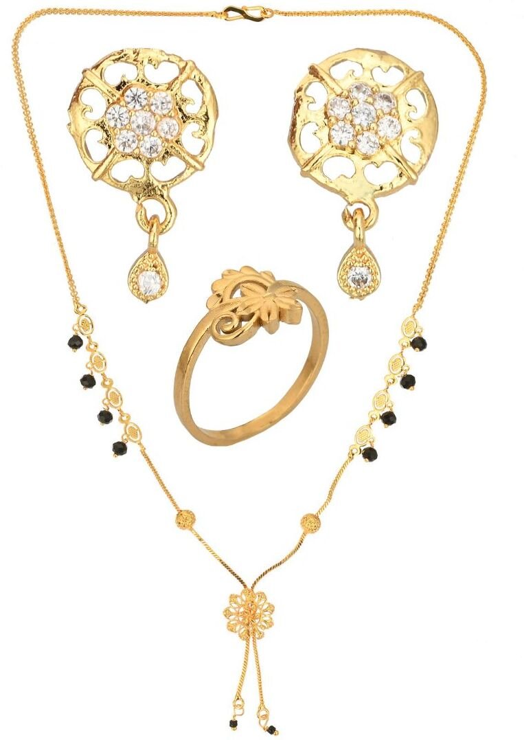 AanyaCentric Gold-plated Jewelry Combo: Elegant Short Mangalsutra, Finger Ring, and American Diamond Earrings Set - Distacart