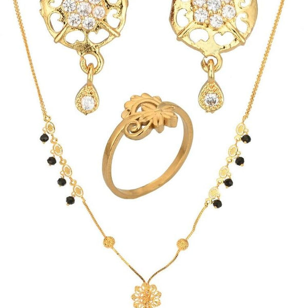 AanyaCentric Gold-plated Jewelry Combo: Elegant Short Mangalsutra, Finger Ring, and American Diamond Earrings Set - Distacart