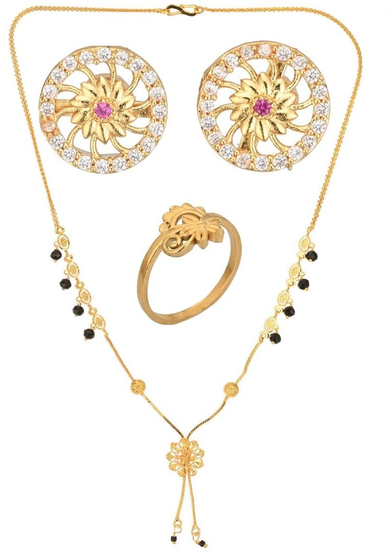 AanyaCentric Gold-plated Jewelry Combo: Elegant Short Mangalsutra, Finger Ring, and American Diamond Earrings Set - Distacart