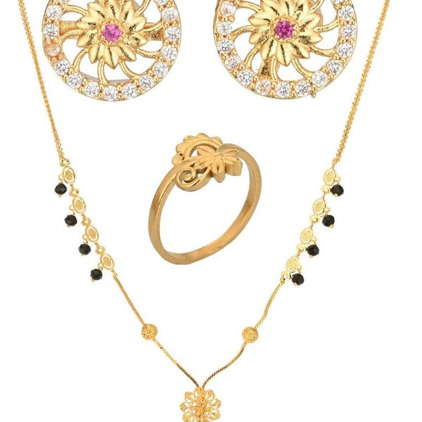 AanyaCentric Gold-plated Jewelry Combo: Elegant Short Mangalsutra, Finger Ring, and American Diamond Earrings Set - Distacart