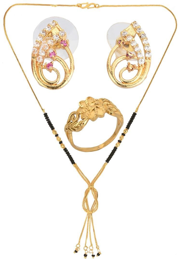 AanyaCentric Gold-plated Jewelry Combo: Elegant Short Mangalsutra, Finger Ring, and American Diamond Earrings Set - Distacart