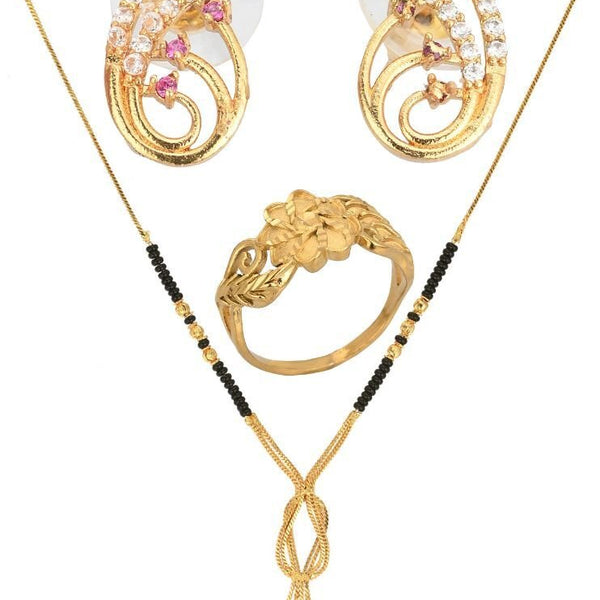 AanyaCentric Gold-plated Jewelry Combo: Elegant Short Mangalsutra, Finger Ring, and American Diamond Earrings Set - Distacart