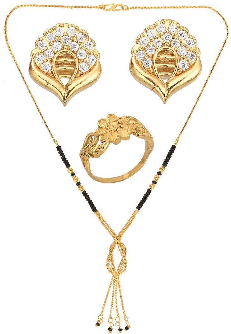 AanyaCentric Gold-plated Jewelry Combo: Elegant Short Mangalsutra, Finger Ring, and American Diamond Earrings Set - Distacart