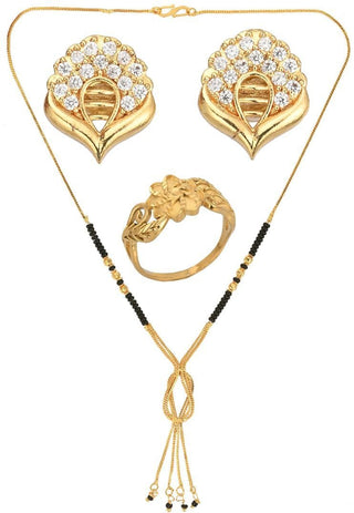 AanyaCentric Gold-plated Jewelry Combo: Elegant Short Mangalsutra, Finger Ring, and American Diamond Earrings Set - Distacart