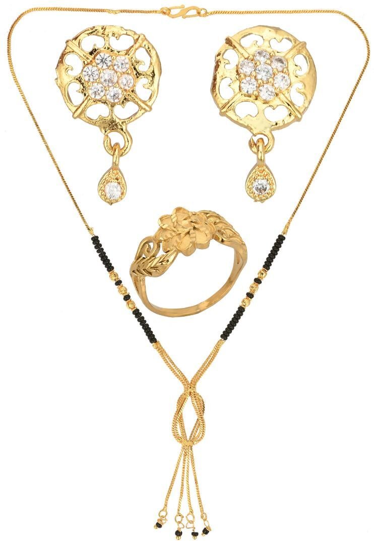 AanyaCentric Gold-plated Jewelry Combo: Elegant Short Mangalsutra, Finger Ring, and American Diamond Earrings Set - Distacart