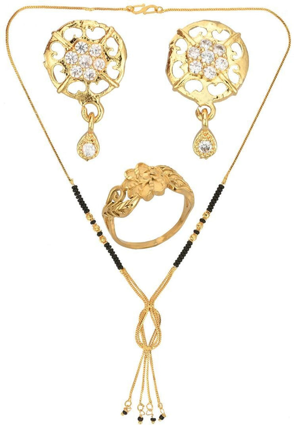 AanyaCentric Gold-plated Jewelry Combo: Elegant Short Mangalsutra, Finger Ring, and American Diamond Earrings Set - Distacart