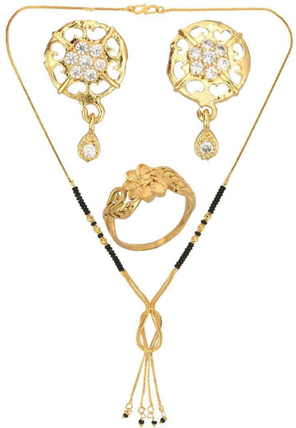 AanyaCentric Gold-plated Jewelry Combo: Elegant Short Mangalsutra, Finger Ring, and American Diamond Earrings Set - Distacart