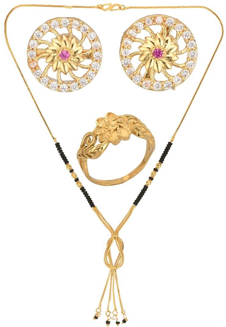 AanyaCentric Gold-plated Jewelry Combo: Elegant Short Mangalsutra, Finger Ring, and American Diamond Earrings Set - Distacart