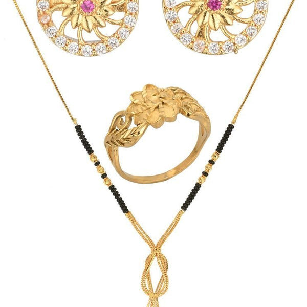 AanyaCentric Gold-plated Jewelry Combo: Elegant Short Mangalsutra, Finger Ring, and American Diamond Earrings Set - Distacart
