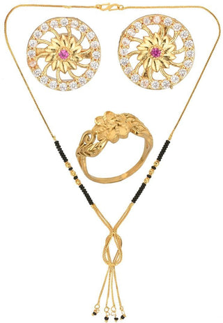 AanyaCentric Gold-plated Jewelry Combo: Elegant Short Mangalsutra, Finger Ring, and American Diamond Earrings Set - Distacart