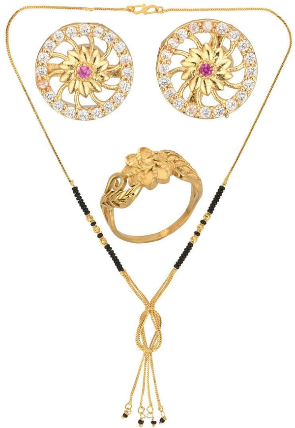AanyaCentric Gold-plated Jewelry Combo: Elegant Short Mangalsutra, Finger Ring, and American Diamond Earrings Set - Distacart