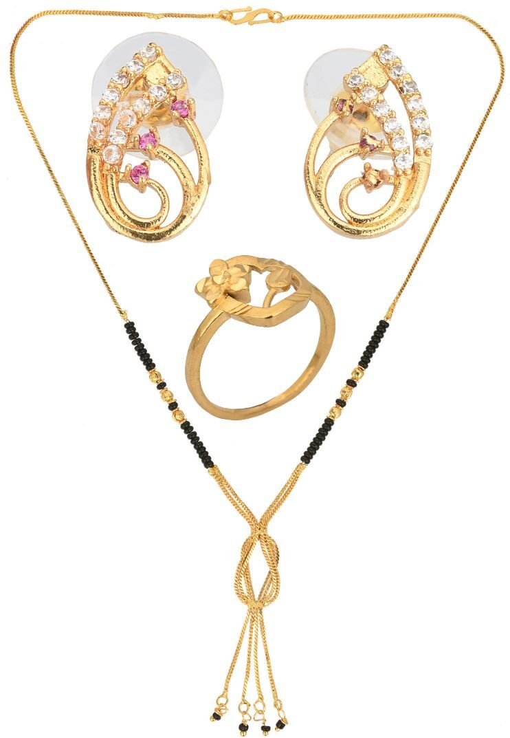 AanyaCentric Gold-plated Jewelry Combo: Elegant Short Mangalsutra, Finger Ring, and American Diamond Earrings Set - Distacart