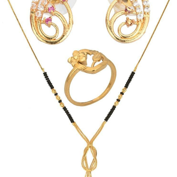 AanyaCentric Gold-plated Jewelry Combo: Elegant Short Mangalsutra, Finger Ring, and American Diamond Earrings Set - Distacart
