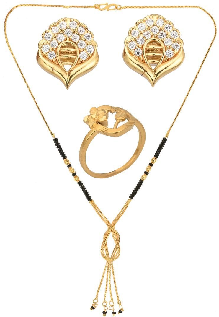 AanyaCentric Gold-plated Jewelry Combo: Elegant Short Mangalsutra, Finger Ring, and American Diamond Earrings Set - Distacart