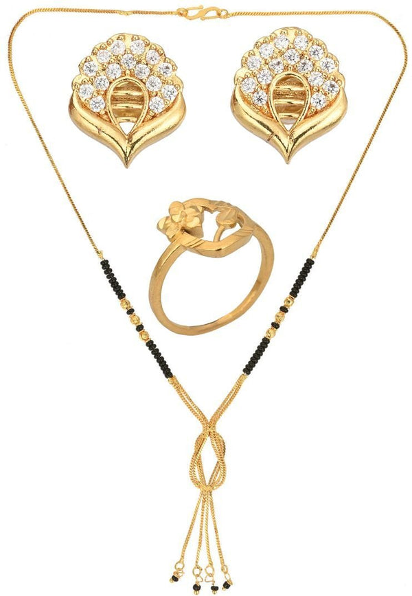 AanyaCentric Gold-plated Jewelry Combo: Elegant Short Mangalsutra, Finger Ring, and American Diamond Earrings Set - Distacart