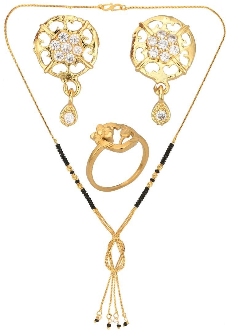AanyaCentric Gold-plated Jewelry Combo: Elegant Short Mangalsutra, Finger Ring, and American Diamond Earrings Set - Distacart