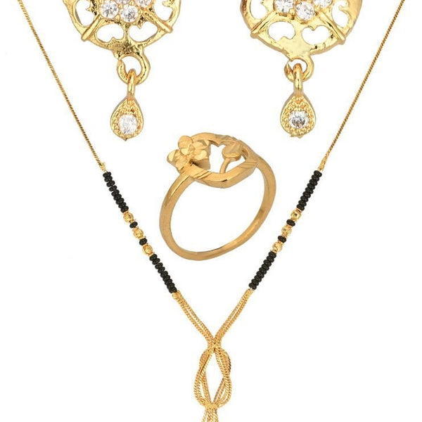 AanyaCentric Gold-plated Jewelry Combo: Elegant Short Mangalsutra, Finger Ring, and American Diamond Earrings Set - Distacart
