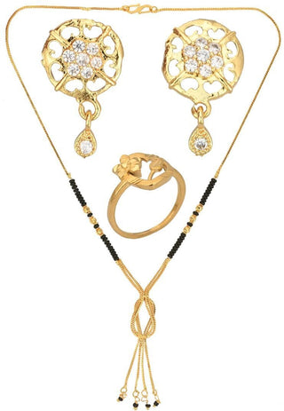 AanyaCentric Gold-plated Jewelry Combo: Elegant Short Mangalsutra, Finger Ring, and American Diamond Earrings Set - Distacart