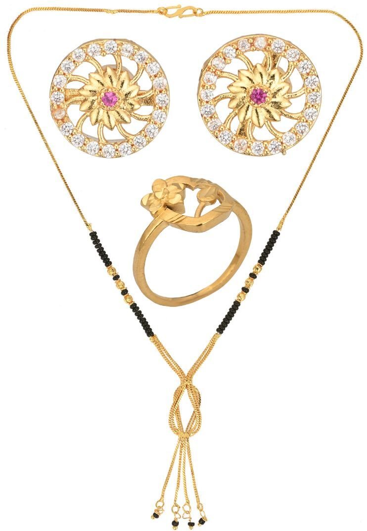 AanyaCentric Gold-plated Jewelry Combo: Elegant Short Mangalsutra, Finger Ring, and American Diamond Earrings Set - Distacart