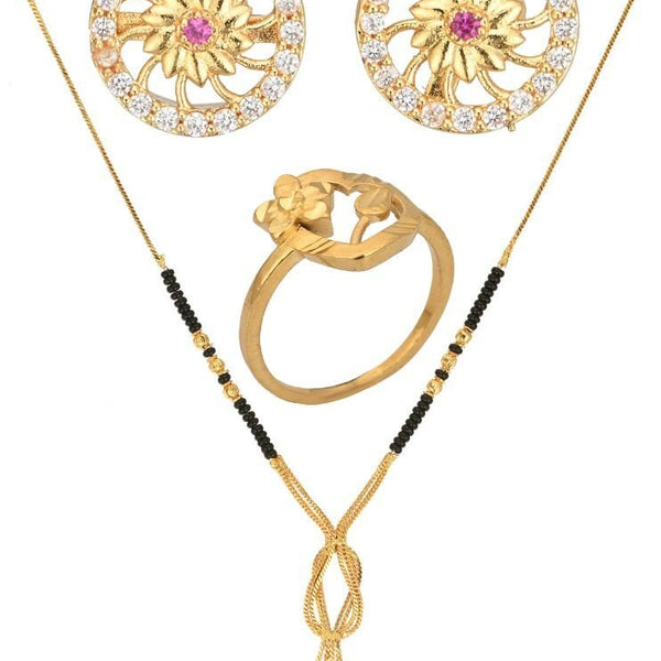 AanyaCentric Gold-plated Jewelry Combo: Elegant Short Mangalsutra, Finger Ring, and American Diamond Earrings Set - Distacart