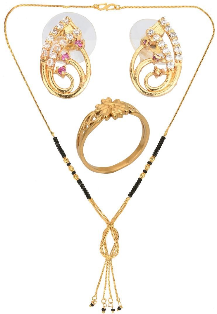 AanyaCentric Gold-plated Jewelry Combo: Elegant Short Mangalsutra, Finger Ring, and American Diamond Earrings Set - Distacart