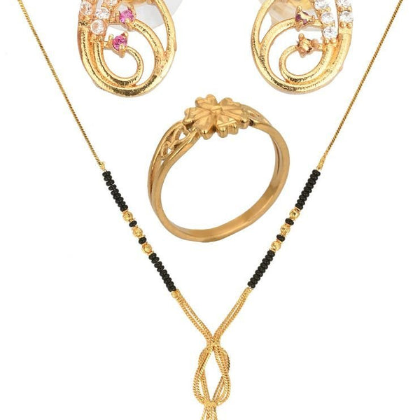 AanyaCentric Gold-plated Jewelry Combo: Elegant Short Mangalsutra, Finger Ring, and American Diamond Earrings Set - Distacart
