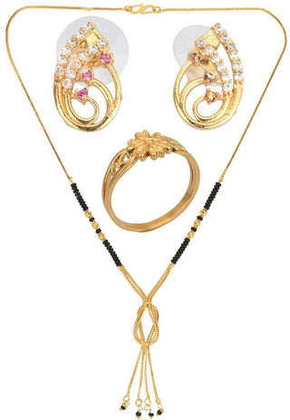 AanyaCentric Gold-plated Jewelry Combo: Elegant Short Mangalsutra, Finger Ring, and American Diamond Earrings Set - Distacart