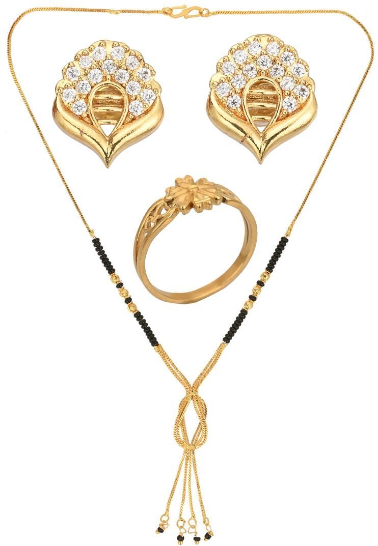 AanyaCentric Gold-plated Jewelry Combo: Elegant Short Mangalsutra, Finger Ring, and American Diamond Earrings Set - Distacart