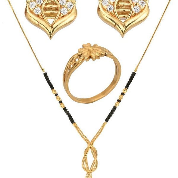 AanyaCentric Gold-plated Jewelry Combo: Elegant Short Mangalsutra, Finger Ring, and American Diamond Earrings Set - Distacart