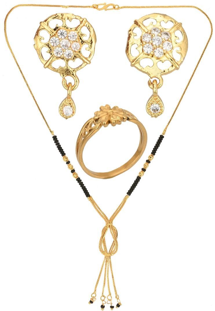 AanyaCentric Gold-plated Jewelry Combo: Elegant Short Mangalsutra, Finger Ring, and American Diamond Earrings Set - Distacart