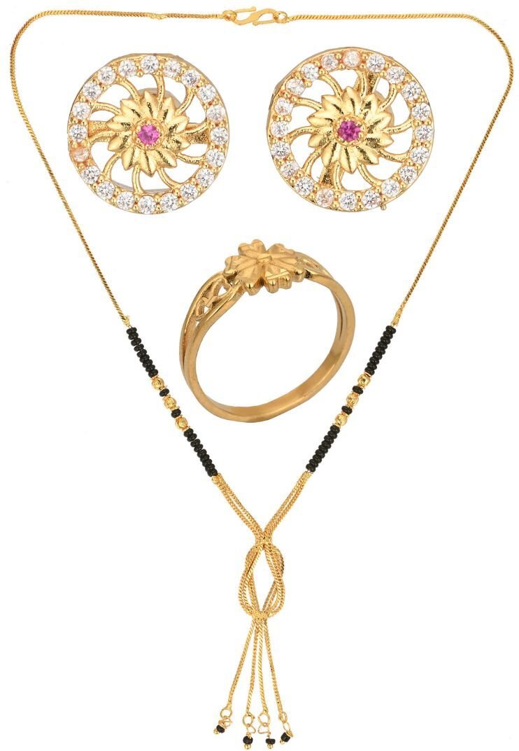AanyaCentric Gold-plated Jewelry Combo: Elegant Short Mangalsutra, Finger Ring, and American Diamond Earrings Set - Distacart