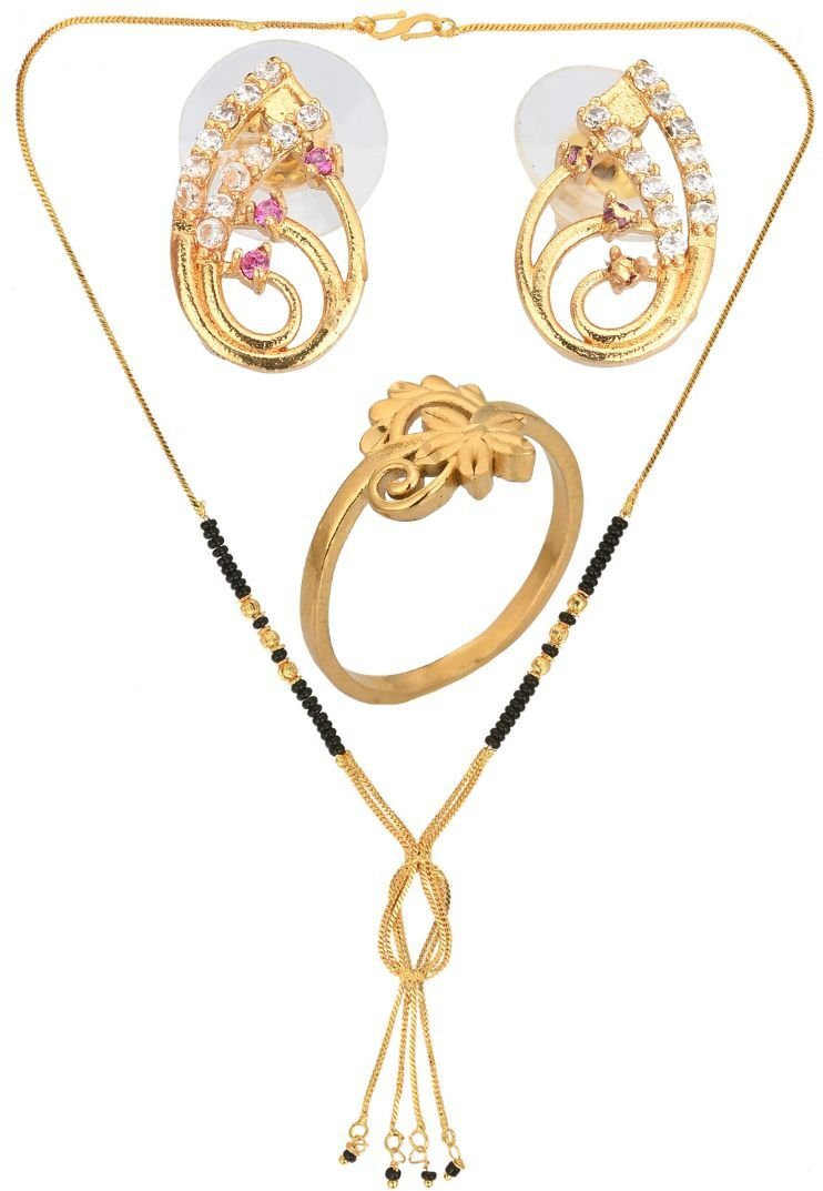 AanyaCentric Gold-plated Jewelry Combo: Elegant Short Mangalsutra, Finger Ring, and American Diamond Earrings Set - Distacart