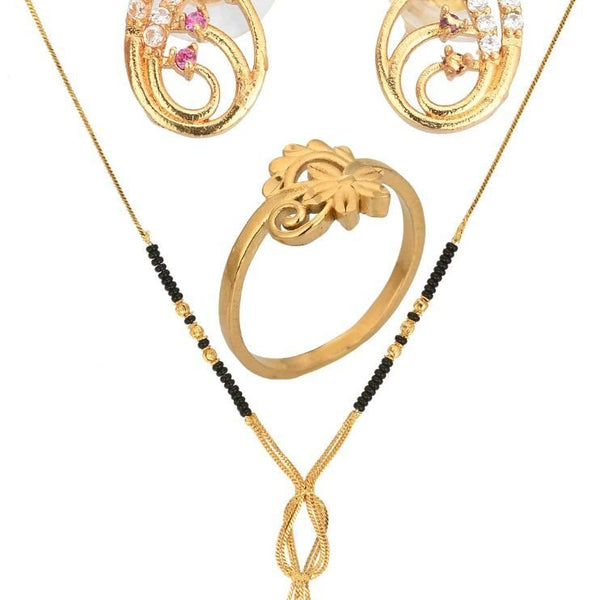AanyaCentric Gold-plated Jewelry Combo: Elegant Short Mangalsutra, Finger Ring, and American Diamond Earrings Set - Distacart