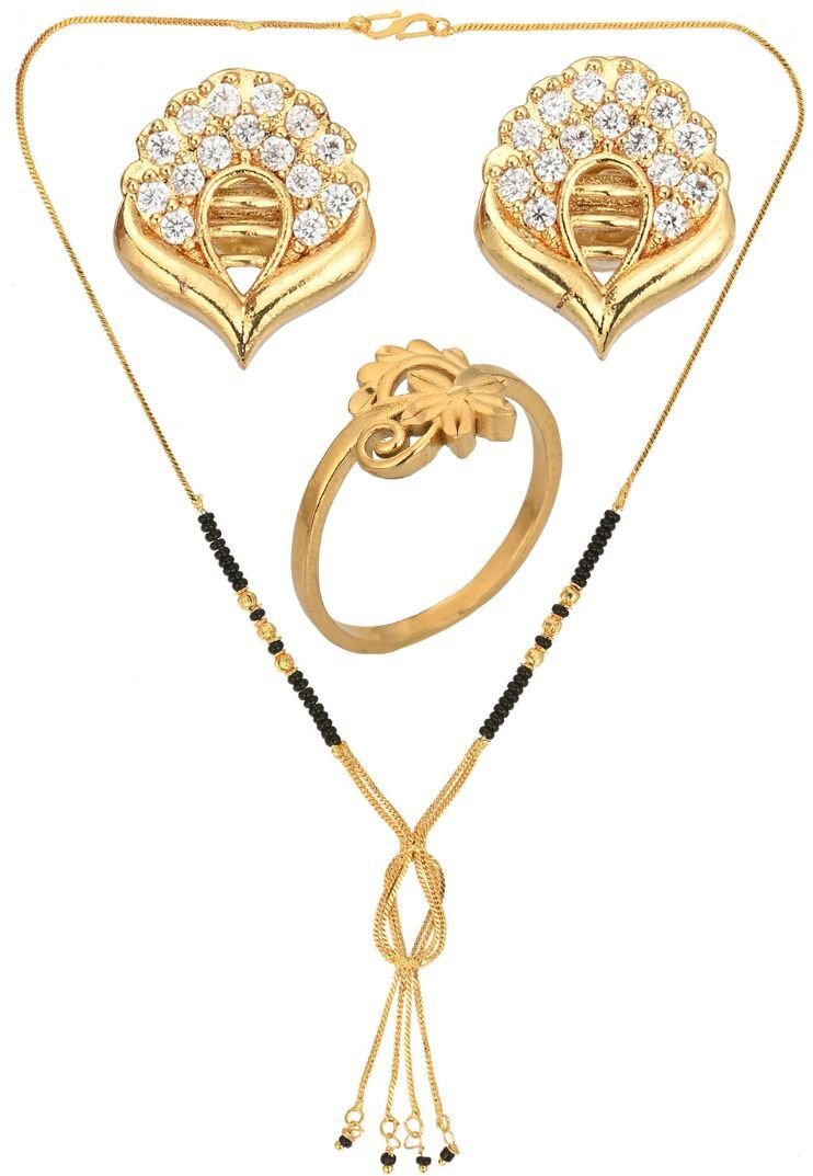 AanyaCentric Gold-plated Jewelry Combo: Elegant Short Mangalsutra, Finger Ring, and American Diamond Earrings Set - Distacart