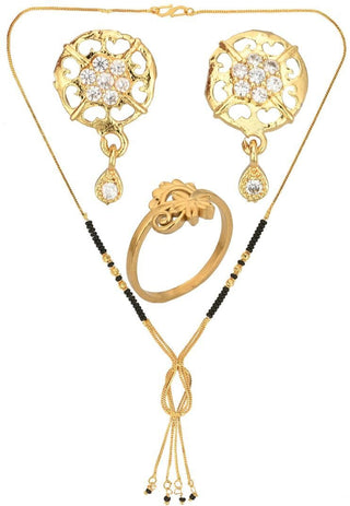 AanyaCentric Gold-plated Jewelry Combo: Elegant Short Mangalsutra, Finger Ring, and American Diamond Earrings Set - Distacart