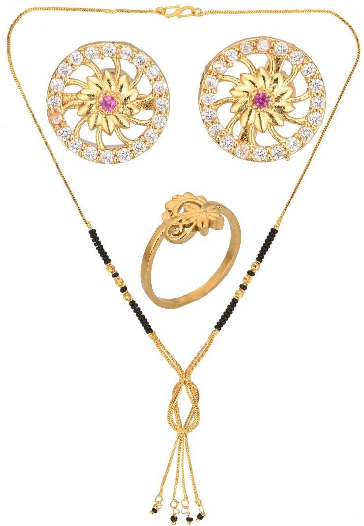 AanyaCentric Gold-plated Jewelry Combo: Elegant Short Mangalsutra, Finger Ring, and American Diamond Earrings Set - Distacart