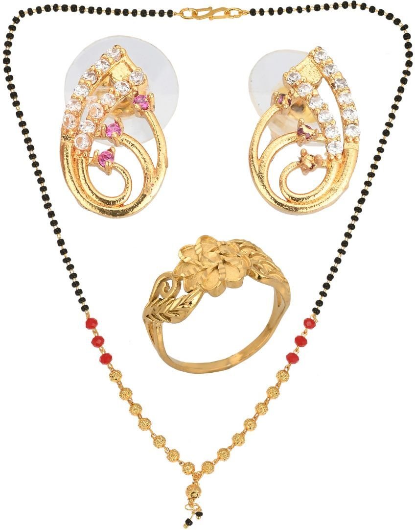 AanyaCentric Gold-plated Jewelry Combo: Elegant Short Mangalsutra, Finger Ring, and American Diamond Earrings Set - Distacart