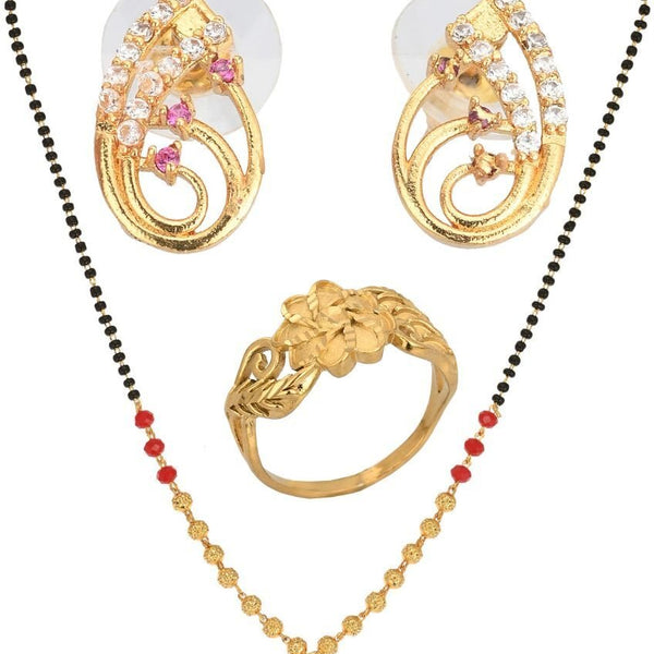 AanyaCentric Gold-plated Jewelry Combo: Elegant Short Mangalsutra, Finger Ring, and American Diamond Earrings Set - Distacart