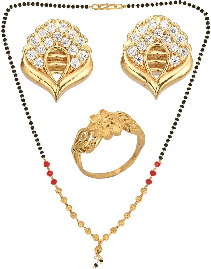 AanyaCentric Gold-plated Jewelry Combo: Elegant Short Mangalsutra, Finger Ring, and American Diamond Earrings Set - Distacart