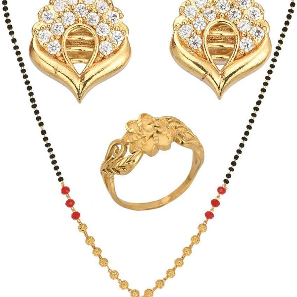 AanyaCentric Gold-plated Jewelry Combo: Elegant Short Mangalsutra, Finger Ring, and American Diamond Earrings Set - Distacart