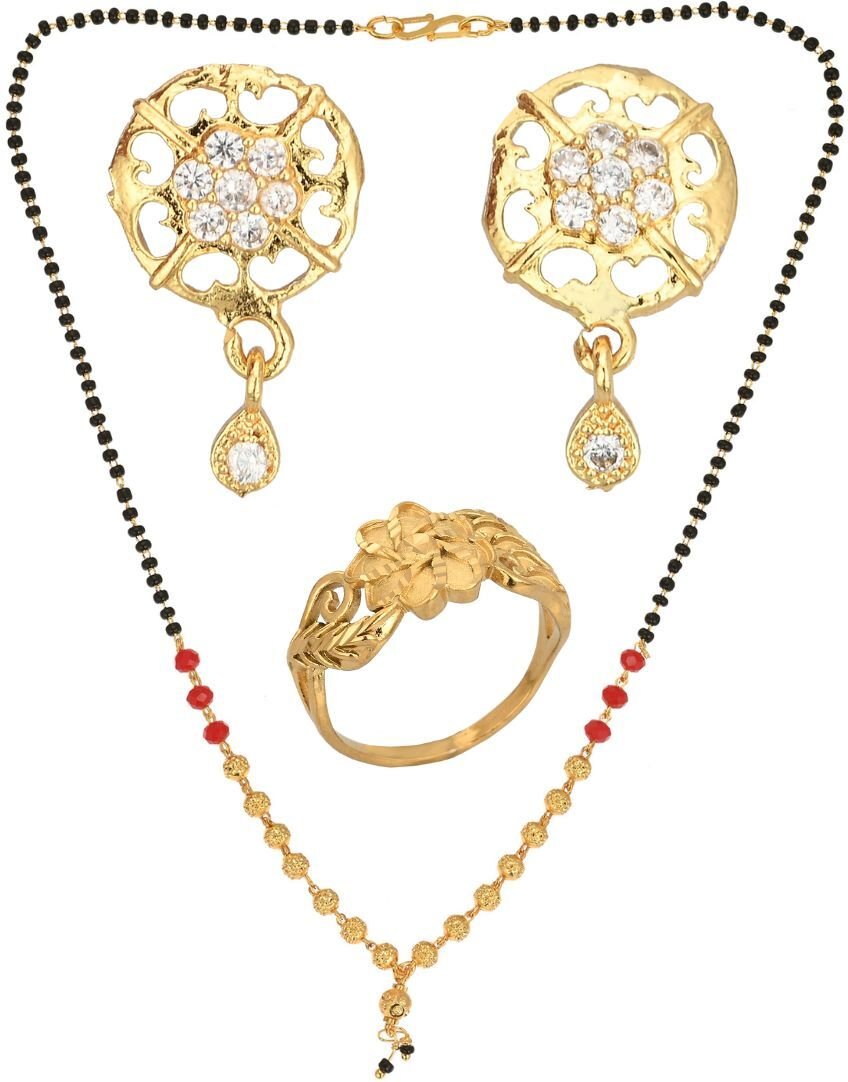 AanyaCentric Gold-plated Jewelry Combo: Elegant Short Mangalsutra, Finger Ring, and American Diamond Earrings Set - Distacart