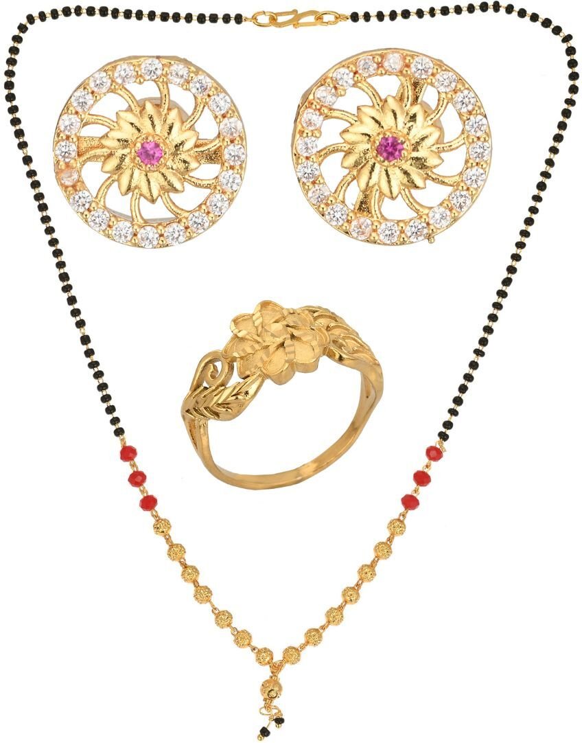 AanyaCentric Gold-plated Jewelry Combo: Elegant Short Mangalsutra, Finger Ring, and American Diamond Earrings Set - Distacart